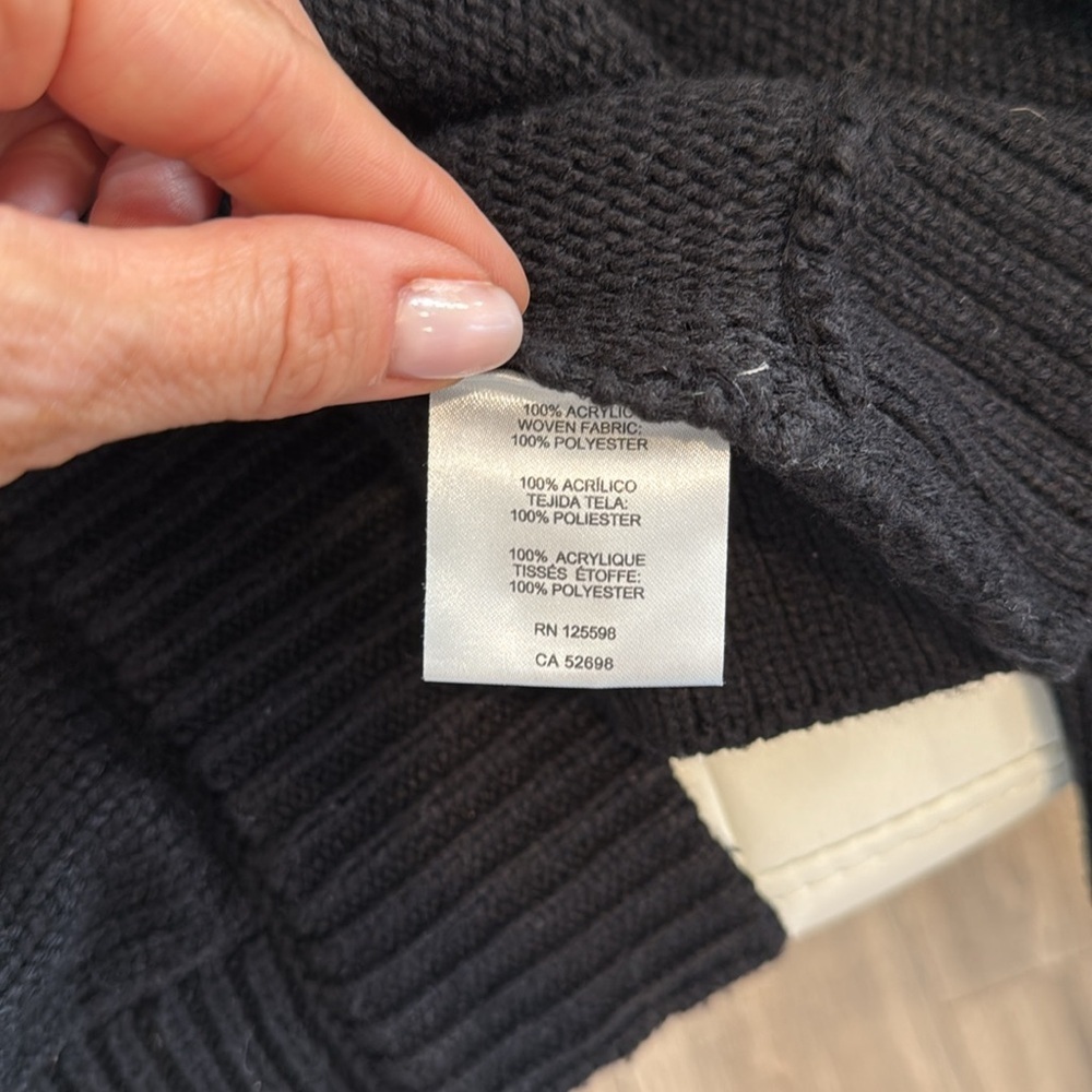 Ellen Tracy Black Knit Cardigan w/ Leather Sleeves and small “belt” closure M/L - Picture 6 of 6